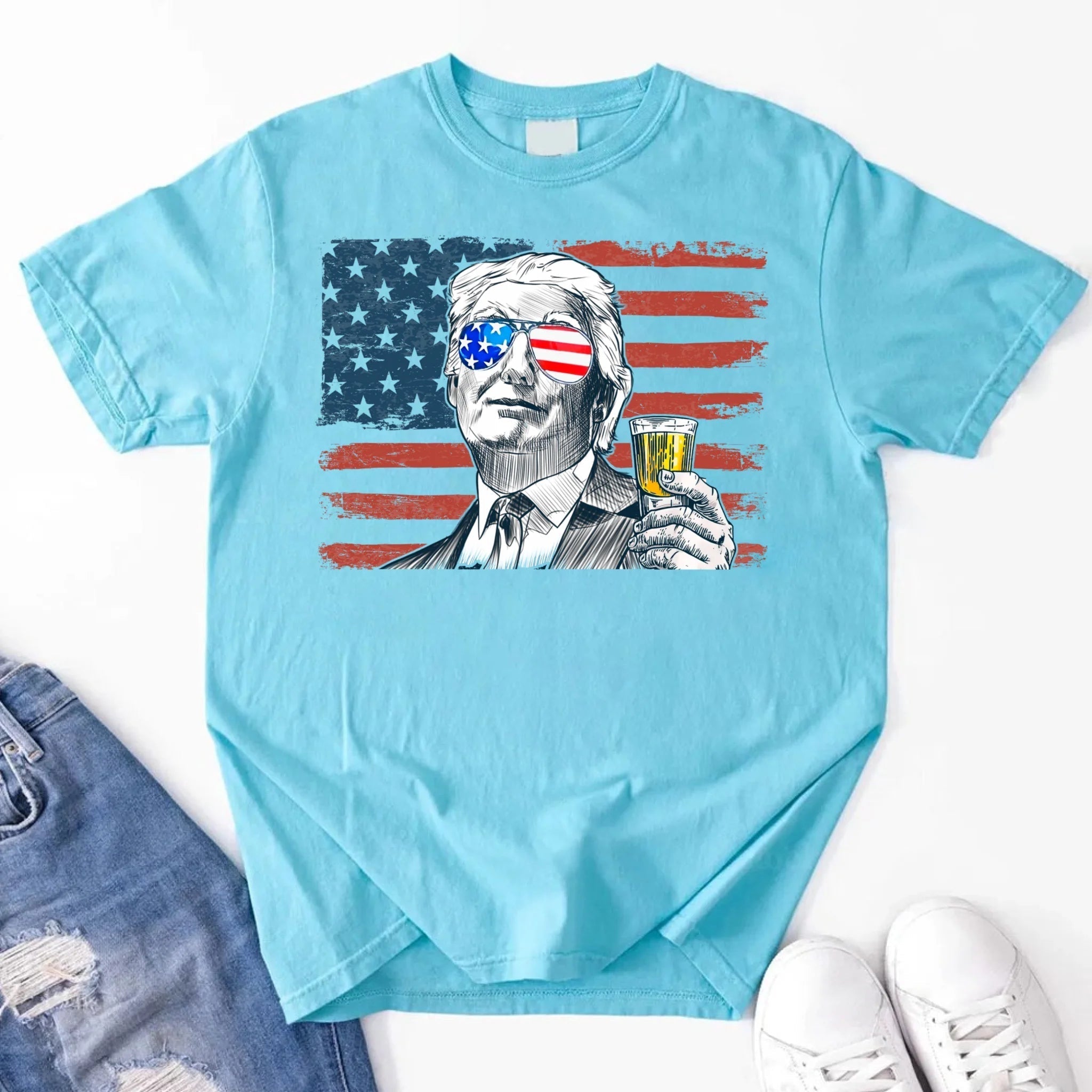 Donald Trump Drinking Party T Shirt Crew Neck Unisex Adorb.co