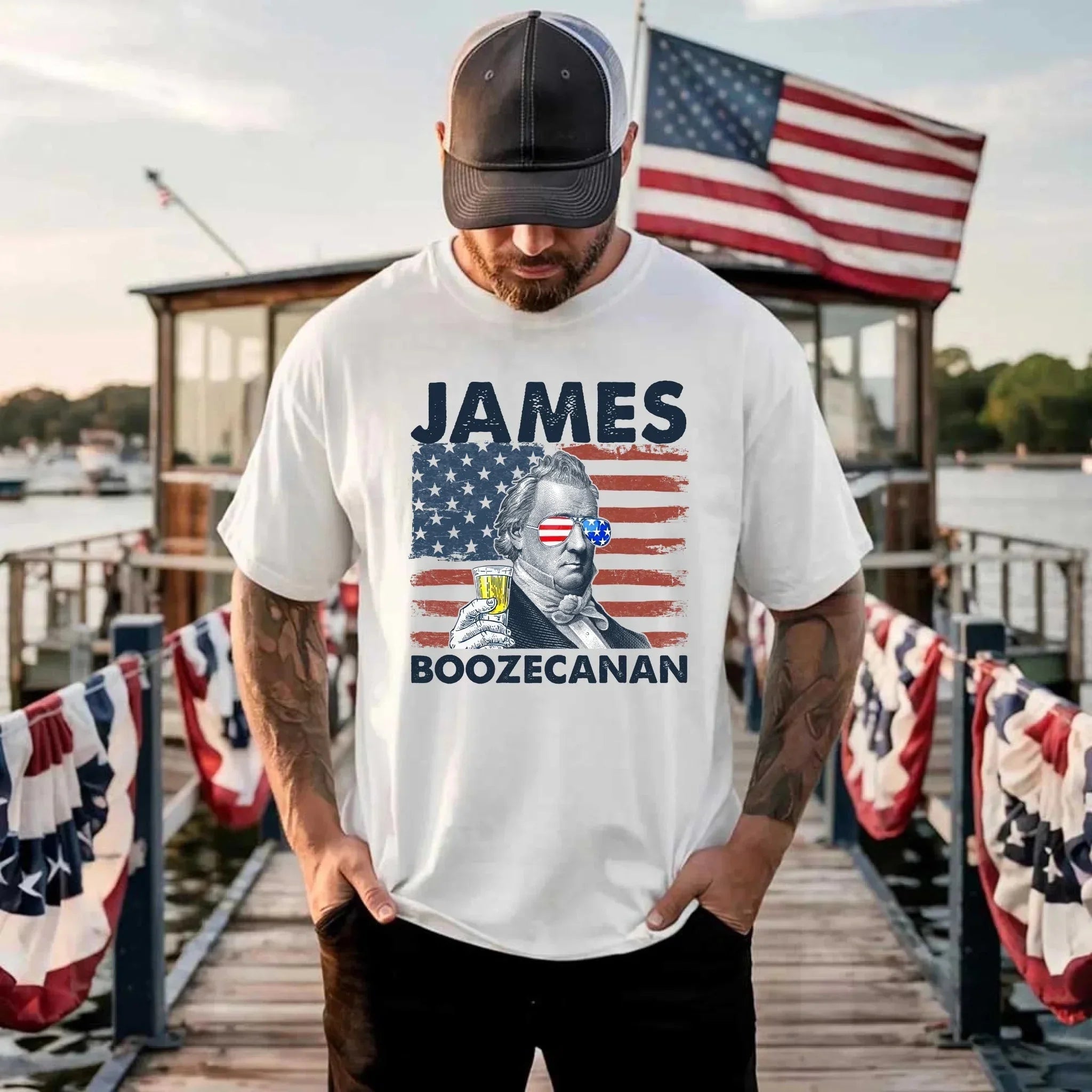 The Adorb.co James Boozecanan shirt neatly folded, highlighting the vibrant colors of the graphic design.
