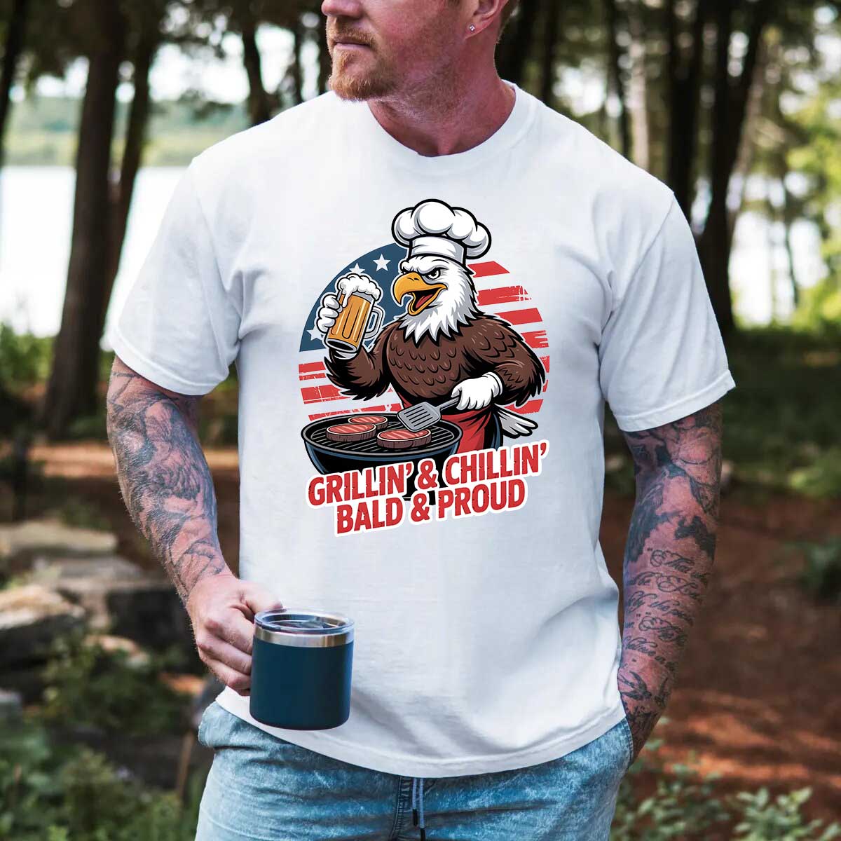 Grillin’ & Chillin’, Bald & Proud T-Shirt – Patriotic Bald Eagle BBQ Vintage Tee Adorb.co