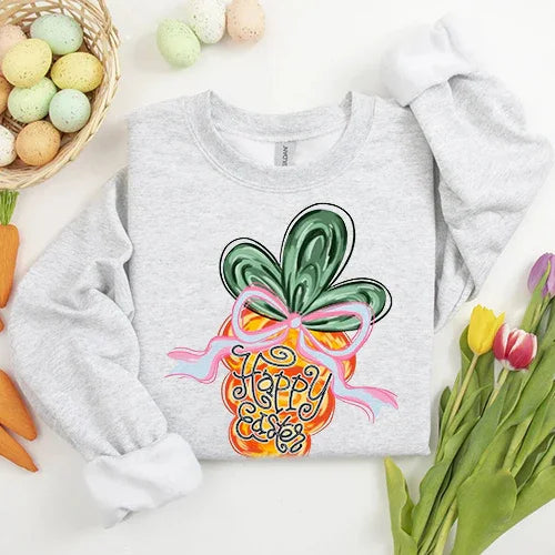 Adorb.co Happy Easter Carrot Coquette Sweatshirt, a charming festive top with a cute carrot graphic, perfect for holiday appa
