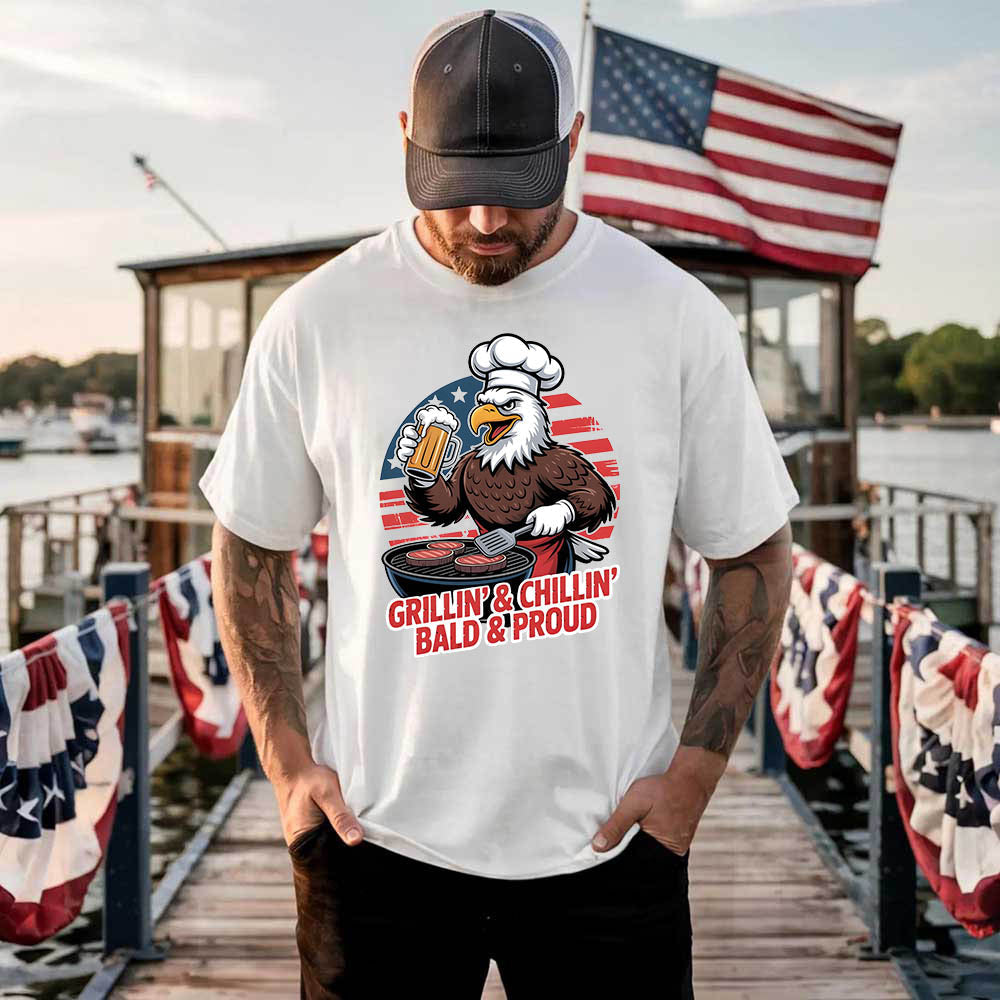 Grillin’ & Chillin’, Bald & Proud T-Shirt – Patriotic Bald Eagle BBQ Vintage Tee Adorb.co