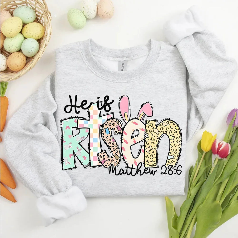 Adorb.co He is Risen Easter Inspirational Sweatshirt, a classic crewneck for Christian Easter celebrations.