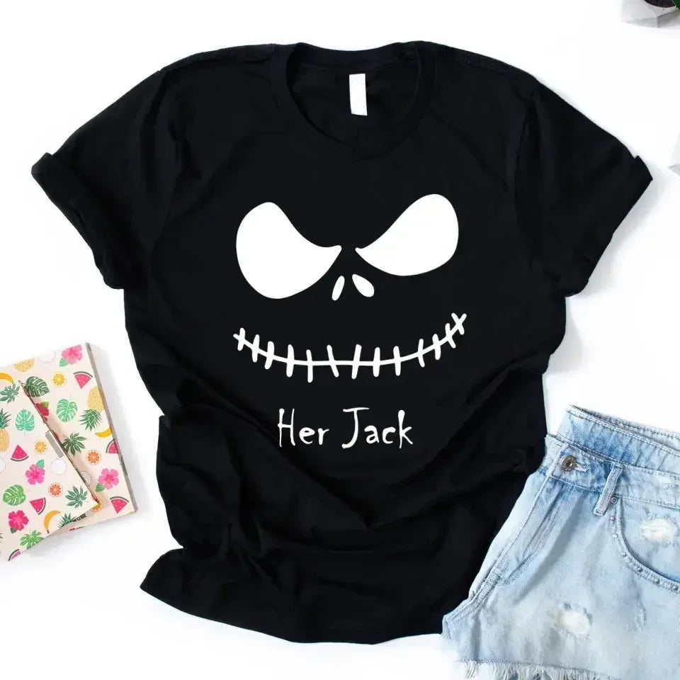 Close-up detail of the Jack Skellington graphic on the Adorb Custom Tees black cotton Nightmare Before Christmas shirt.