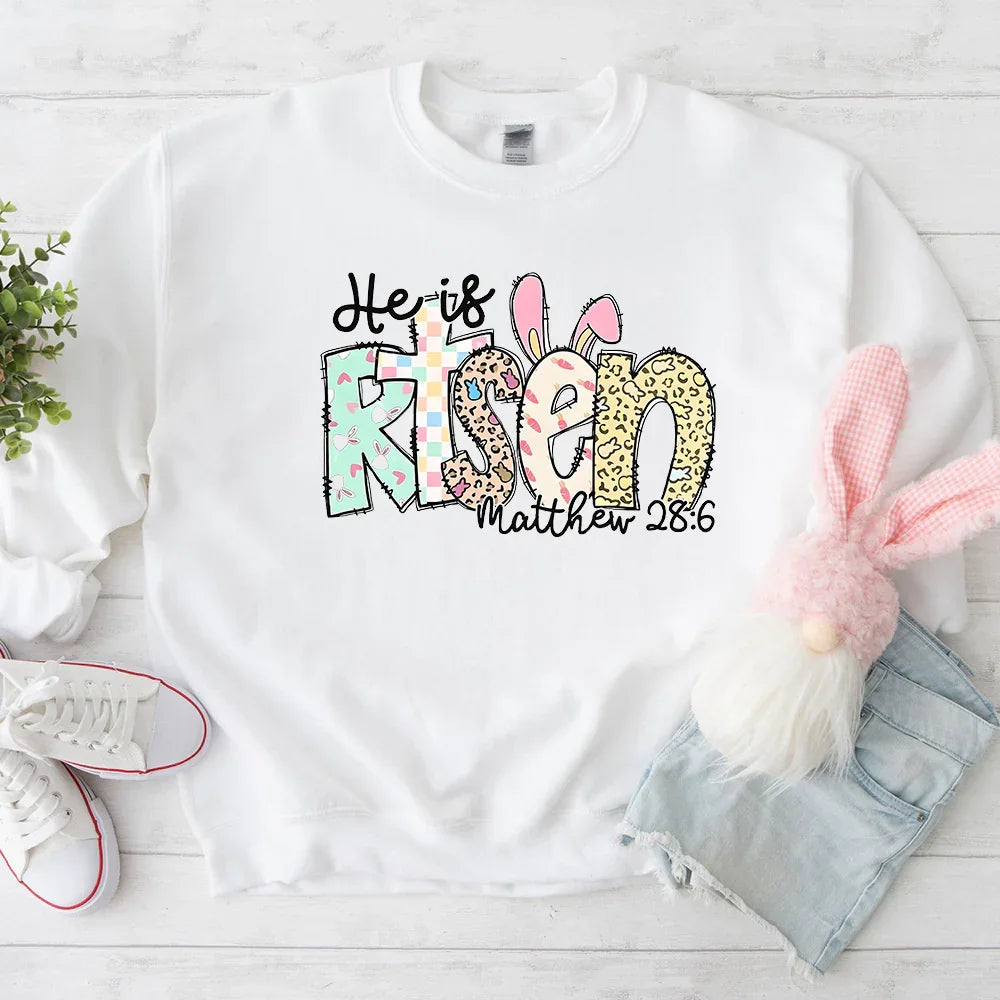 Adorb.co He is Risen Easter Inspirational Sweatshirt, a model wearing the soft Christian apparel for Spring.