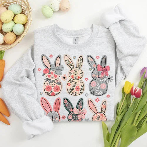Adorb.co Coquette Easter Bunny Floral Sweatshirt, a comfortable graphic top featuring a charming bunny and delicate floral de