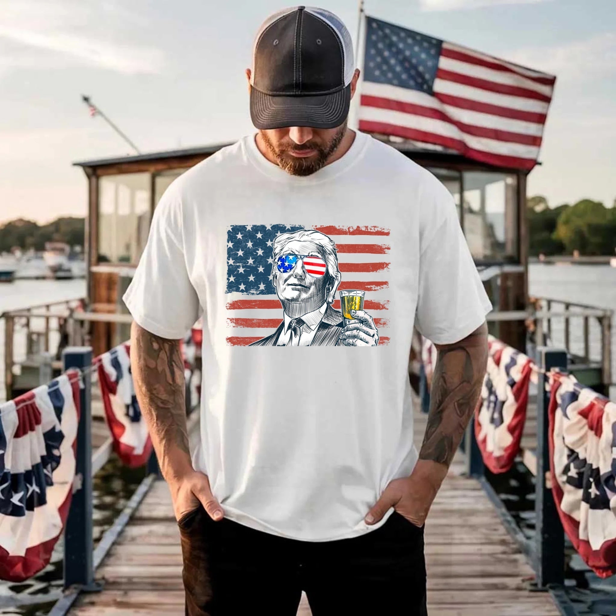 Donald Trump Drinking Party T Shirt Crew Neck Unisex Adorb.co