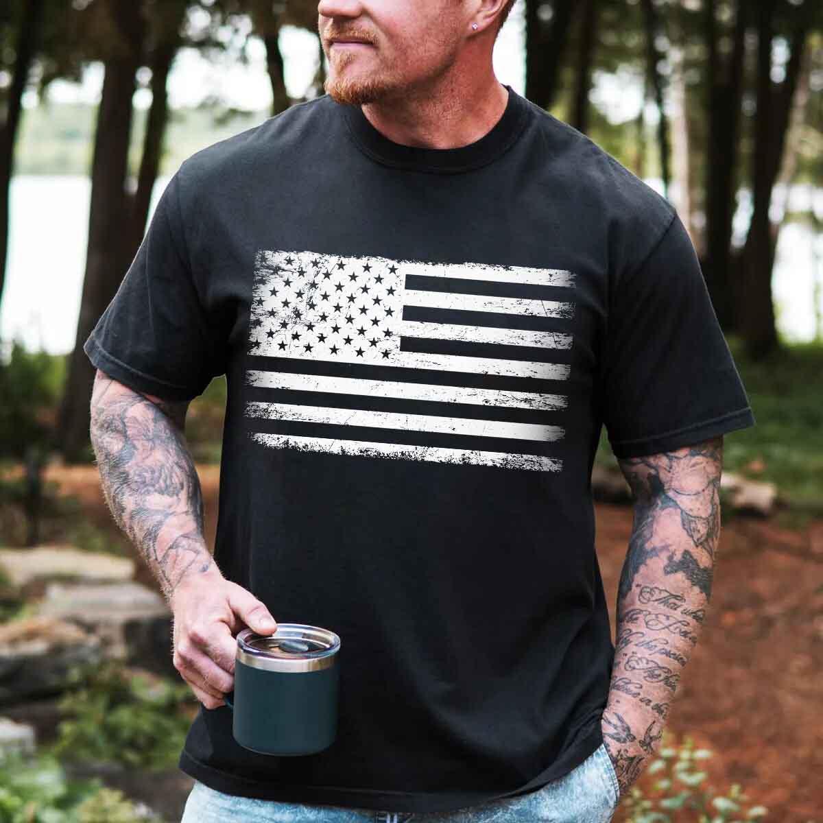Adorb.co Rogue Style USA Distressed Flag Unisex T-Shirt hem detail, highlighting the meticulous stitching and craftsmanship f