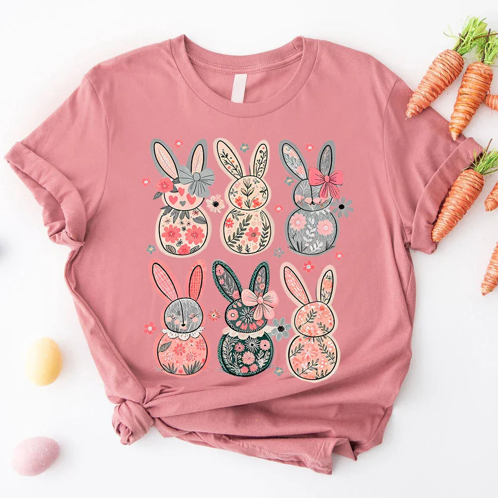 Detail of the ribbed neckline on the Adorb.co Coquette Easter Bunny Floral Tee, showcasing its quality finish.
