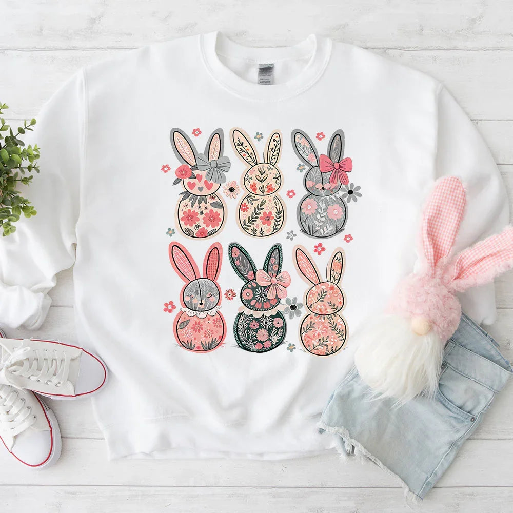 Adorb.co Coquette Easter Bunny Floral Sweatshirt worn by a model, showcasing its relaxed fit and charming coquette fashion ap