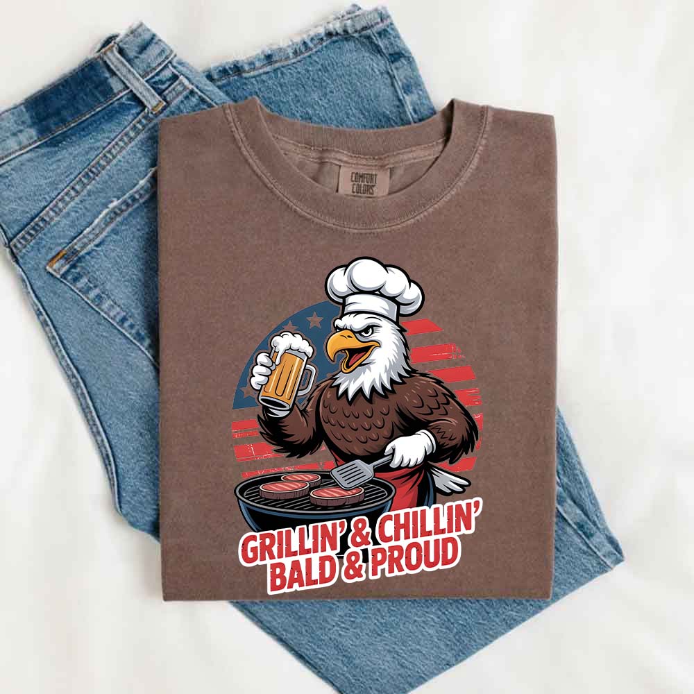 Grillin’ & Chillin’, Bald & Proud T-Shirt – Patriotic Bald Eagle BBQ Vintage Tee Adorb.co