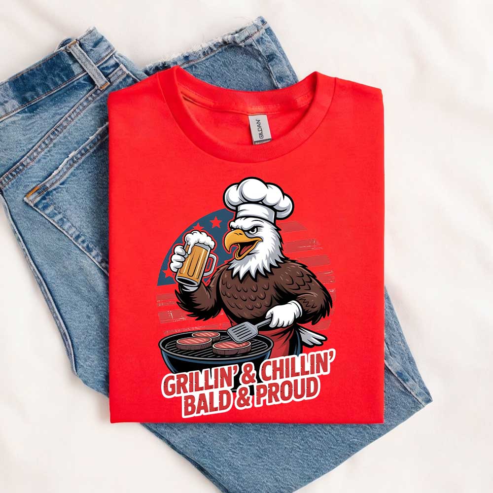 Grillin’ & Chillin’, Bald & Proud T-Shirt – Patriotic Bald Eagle BBQ Vintage Tee Adorb.co
