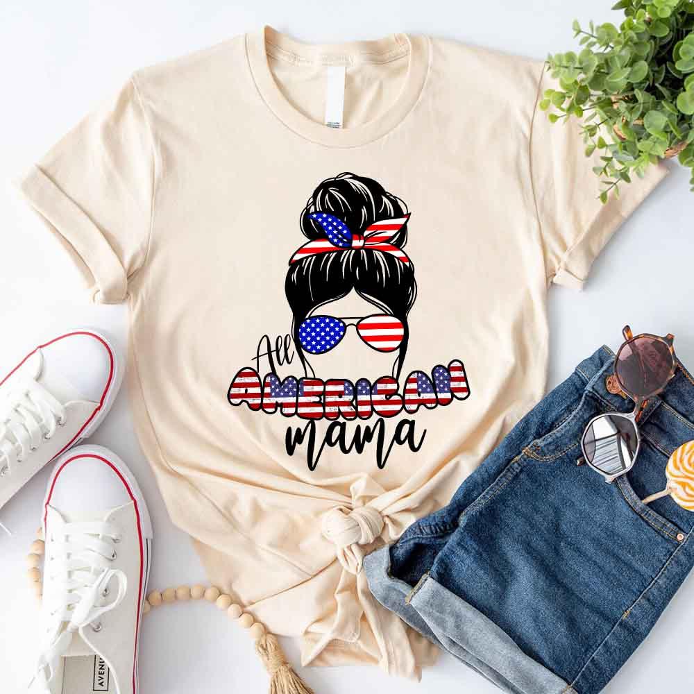 Adorb.co brand tag on the All American Mama T-shirt, signifying quality apparel for patriotic women.