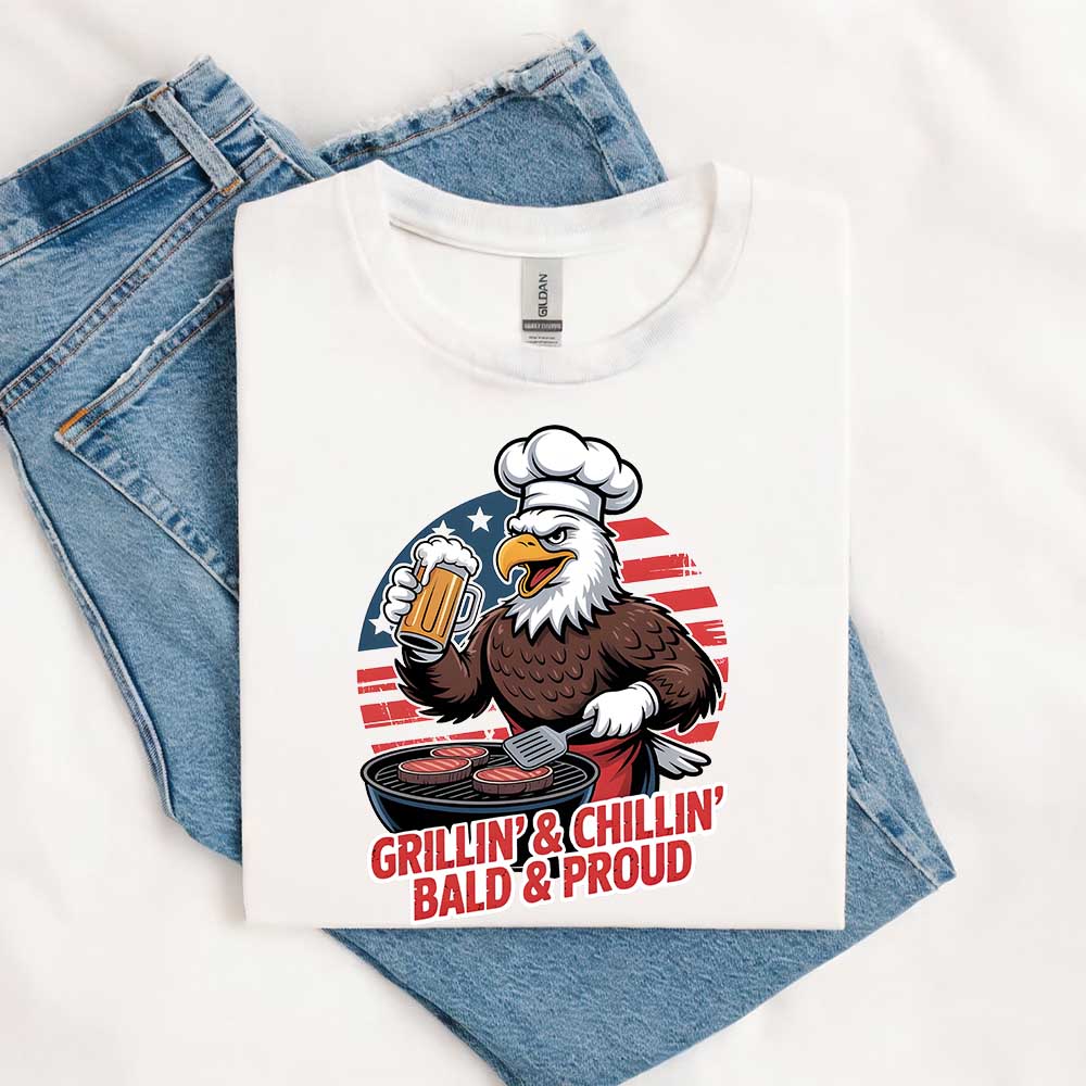 Grillin’ & Chillin’, Bald & Proud T-Shirt – Patriotic Bald Eagle BBQ Vintage Tee Adorb.co