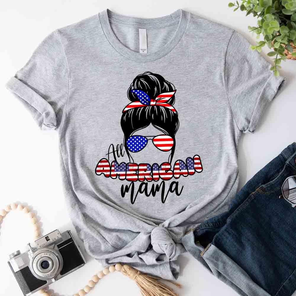 Adorb.co All American Mama 4th Of July T-shirt displayed flat, highlighting its versatile patriotic style for women.