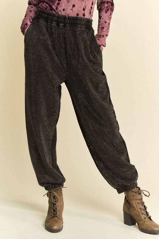Sparkling Rhinestone-Embellished Elastic Waist Joggers - Love Salve 