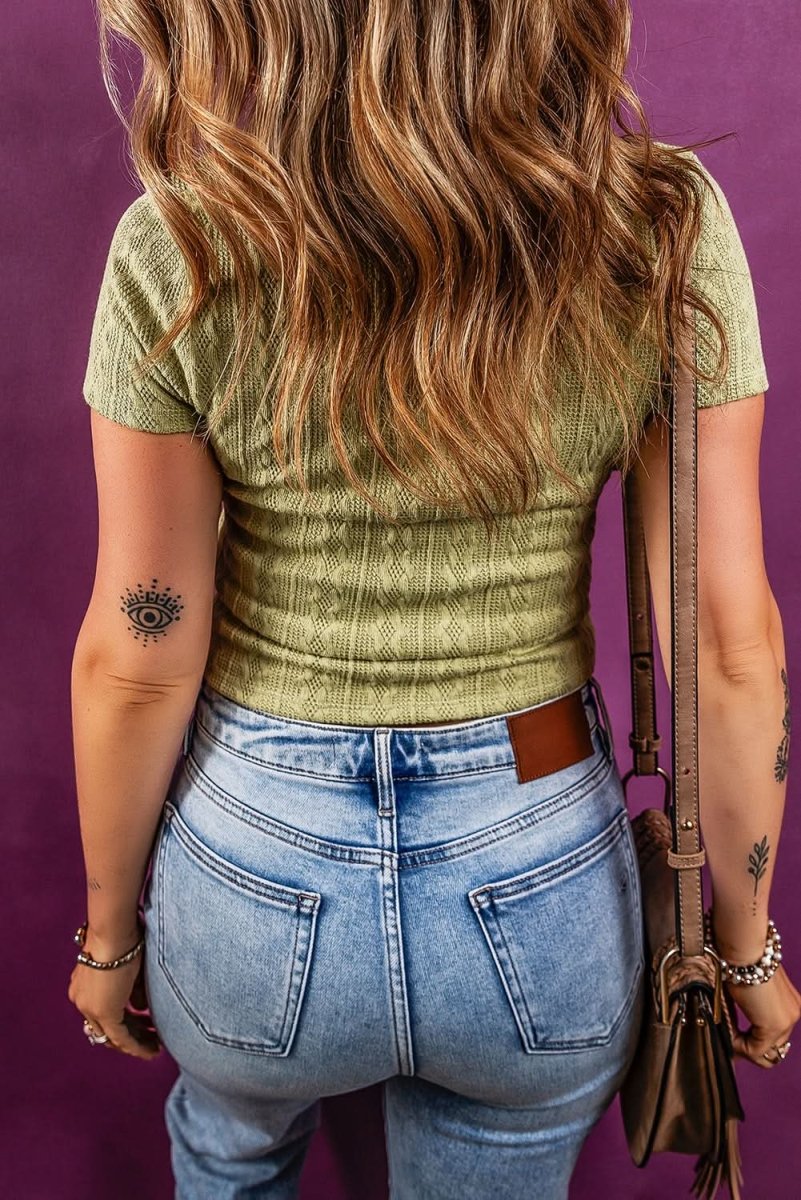 Spinach Green Textured Knit Slim Fit Notch V - Neck Tee - Love Salve