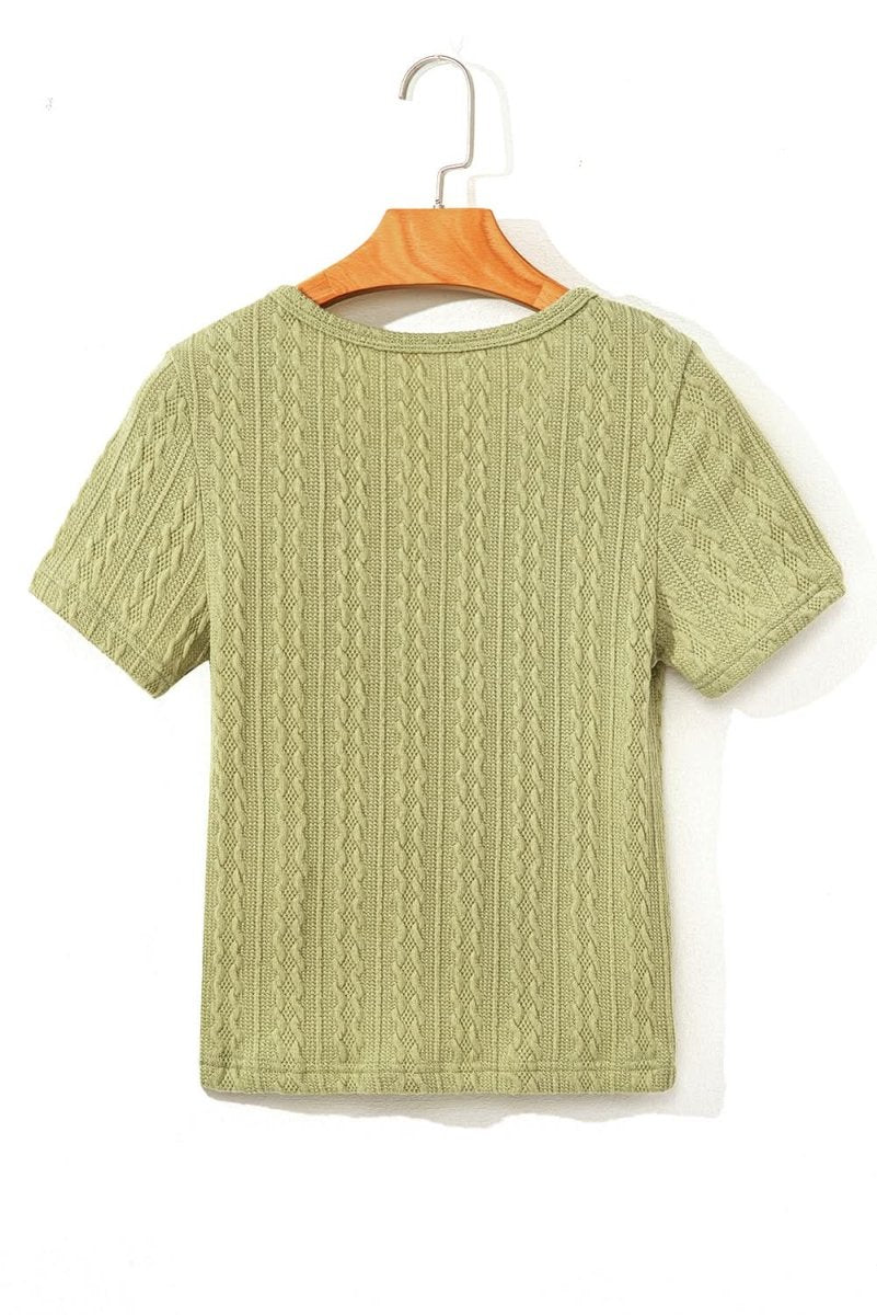 Spinach Green Textured Knit Slim Fit Notch V - Neck Tee - Love Salve