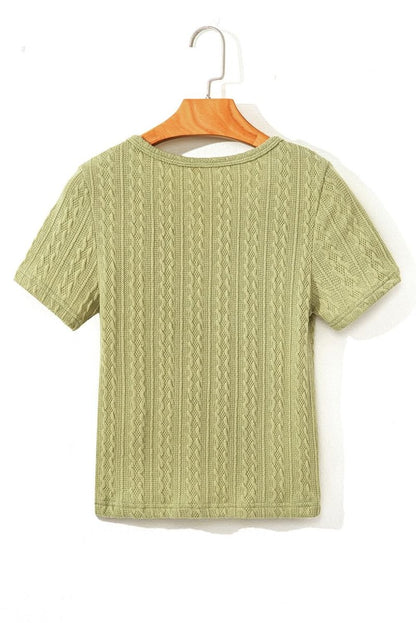 Spinach Green Textured Knit Slim Fit Notch V - Neck Tee - Love Salve