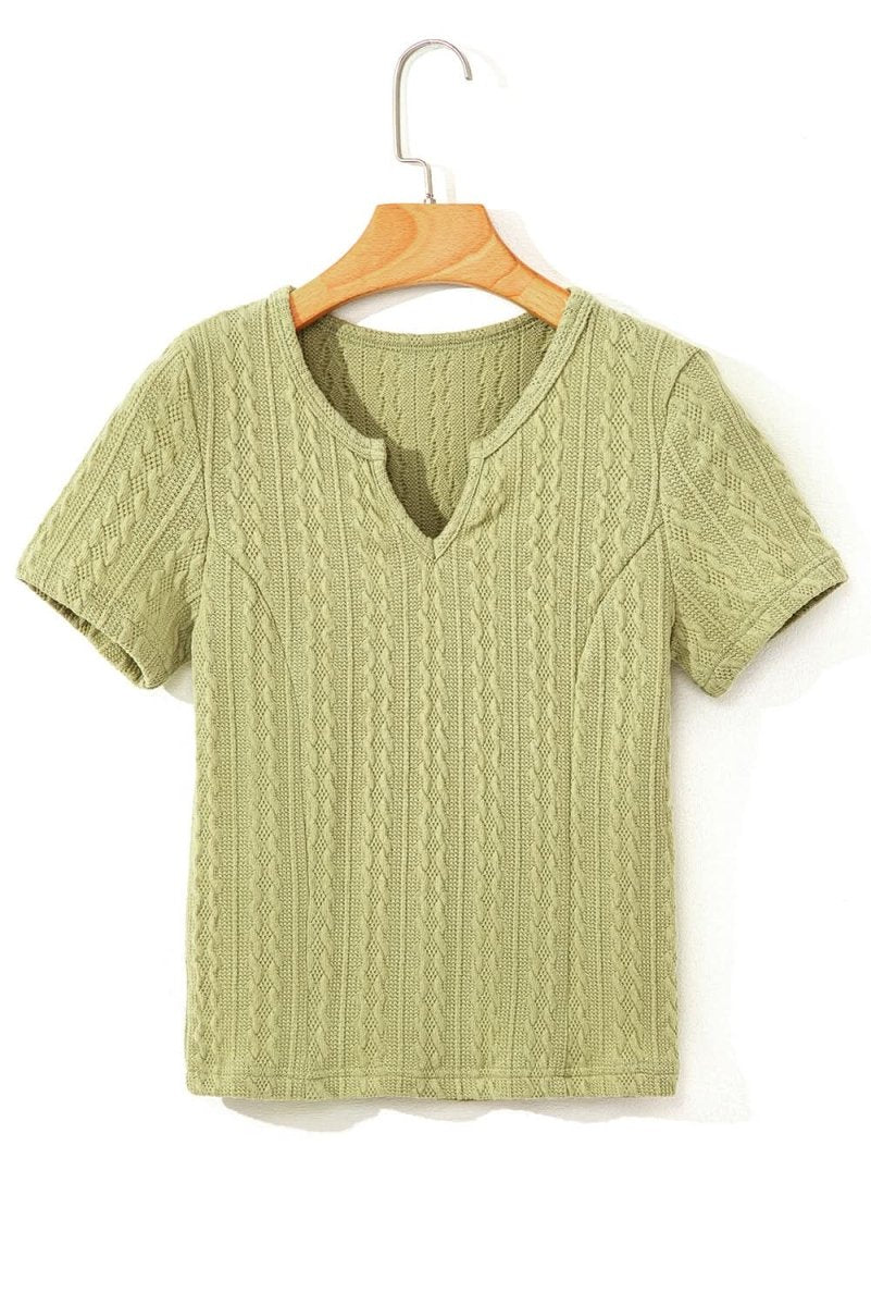Spinach Green Textured Knit Slim Fit Notch V - Neck Tee - Love Salve