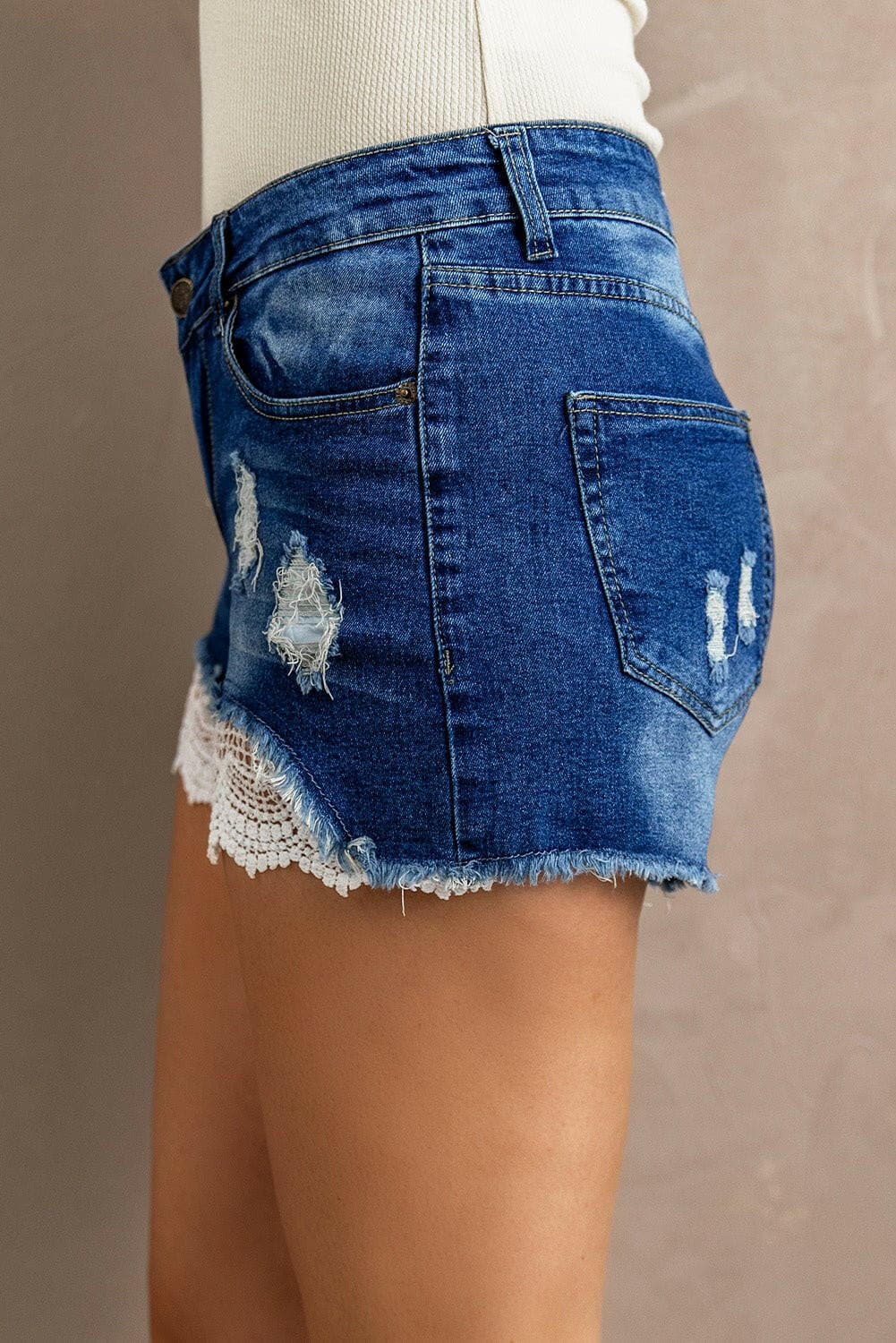 Spliced Lace Distressed Denim Shorts - Love Salve