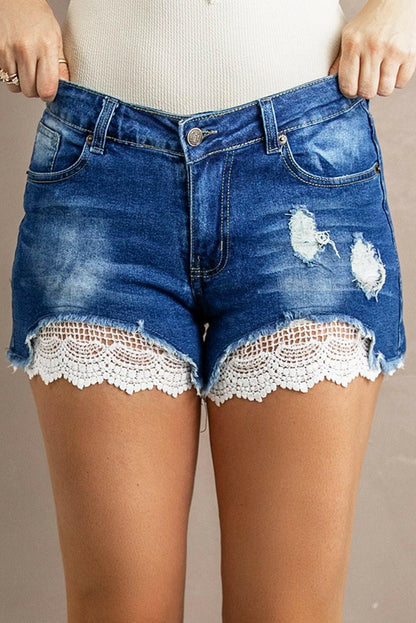 Spliced Lace Distressed Denim Shorts - Love Salve