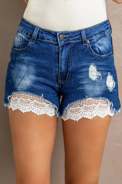 Spliced Lace Distressed Denim Shorts - Love Salve