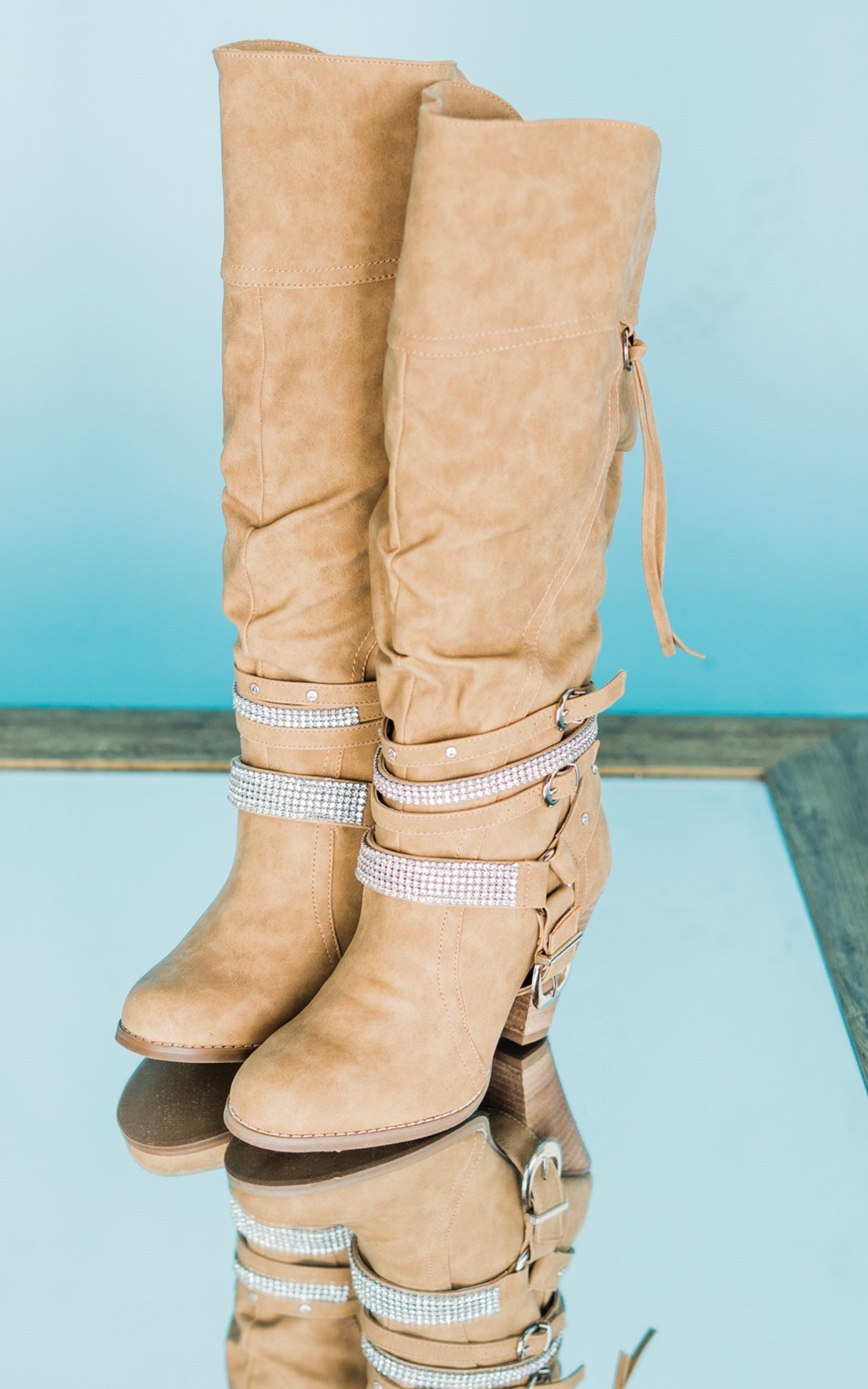Stacey Nude Knee High Boots With Harness And Rhinestone Accents