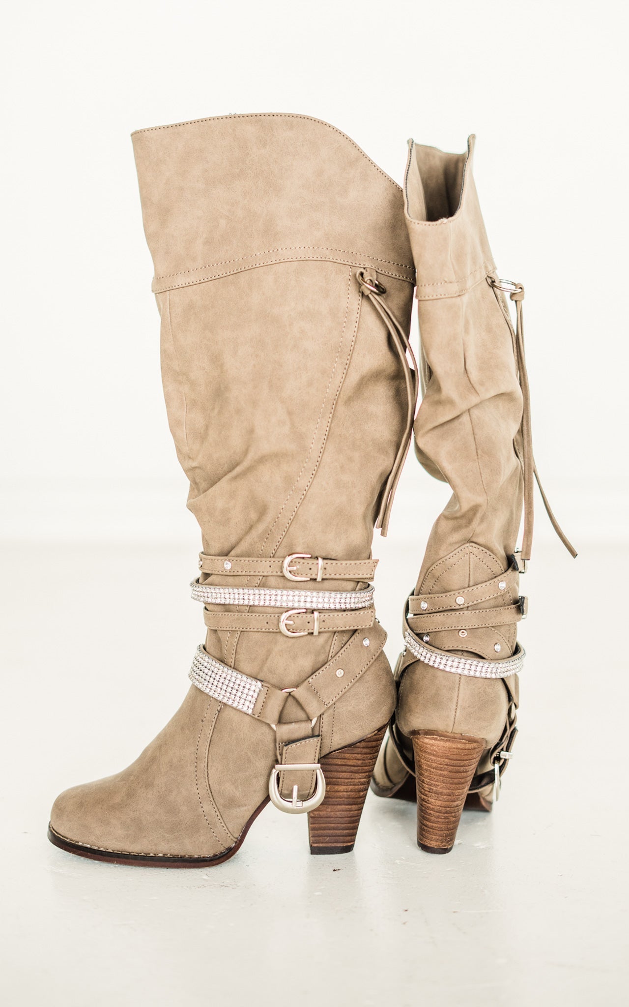 Stacey Boots Taupe Harness Rhinestone 13 Inch Shaft Heel Naughty Monkey