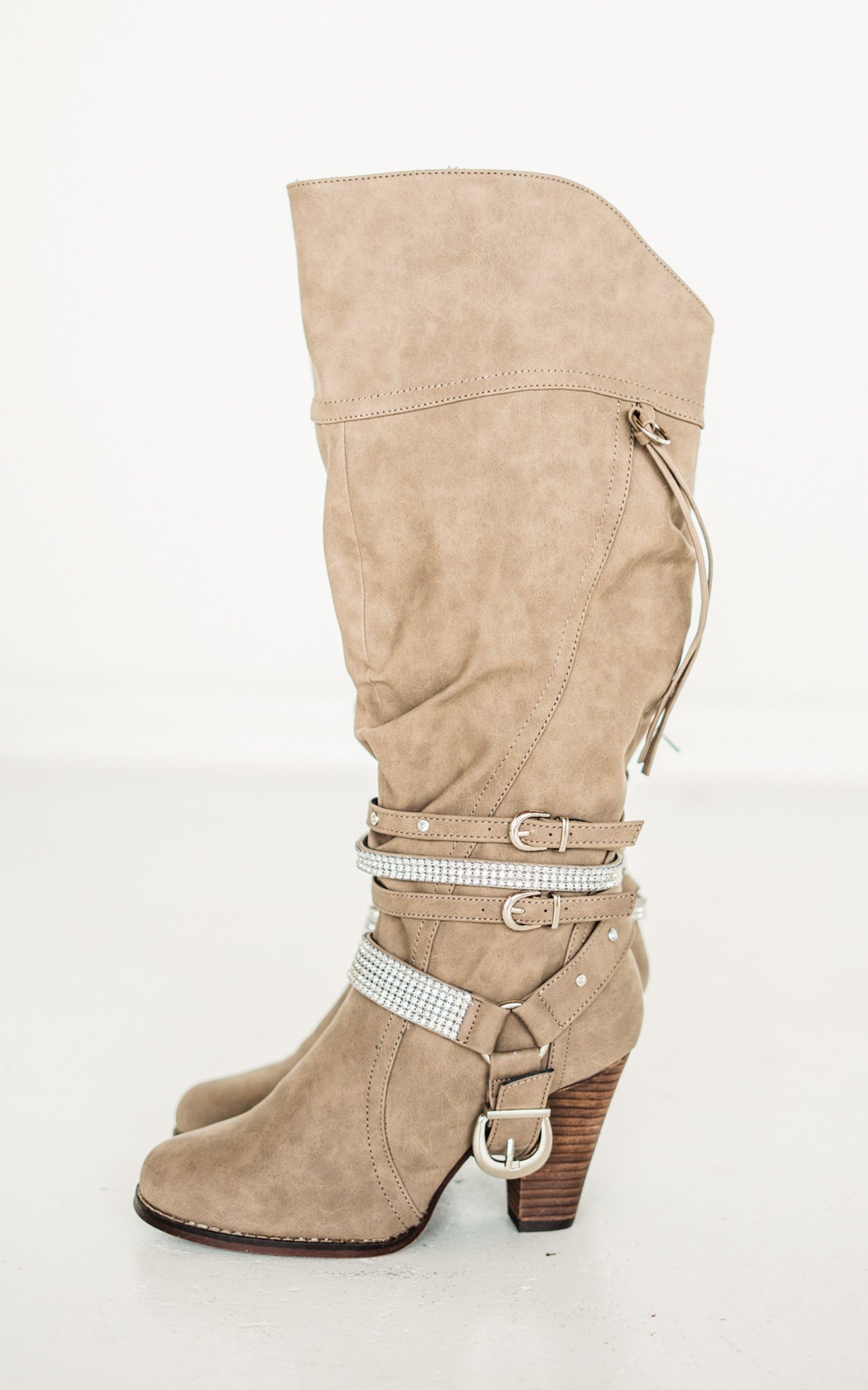 Stacey Boots Taupe Harness Rhinestone 13 Inch Shaft Heel Naughty Monkey