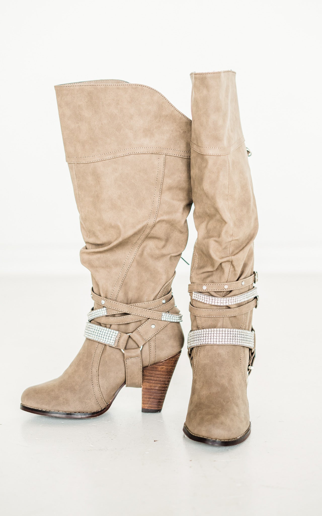 Stacey Boots Taupe Harness Rhinestone 13 Inch Shaft Heel Naughty Monkey