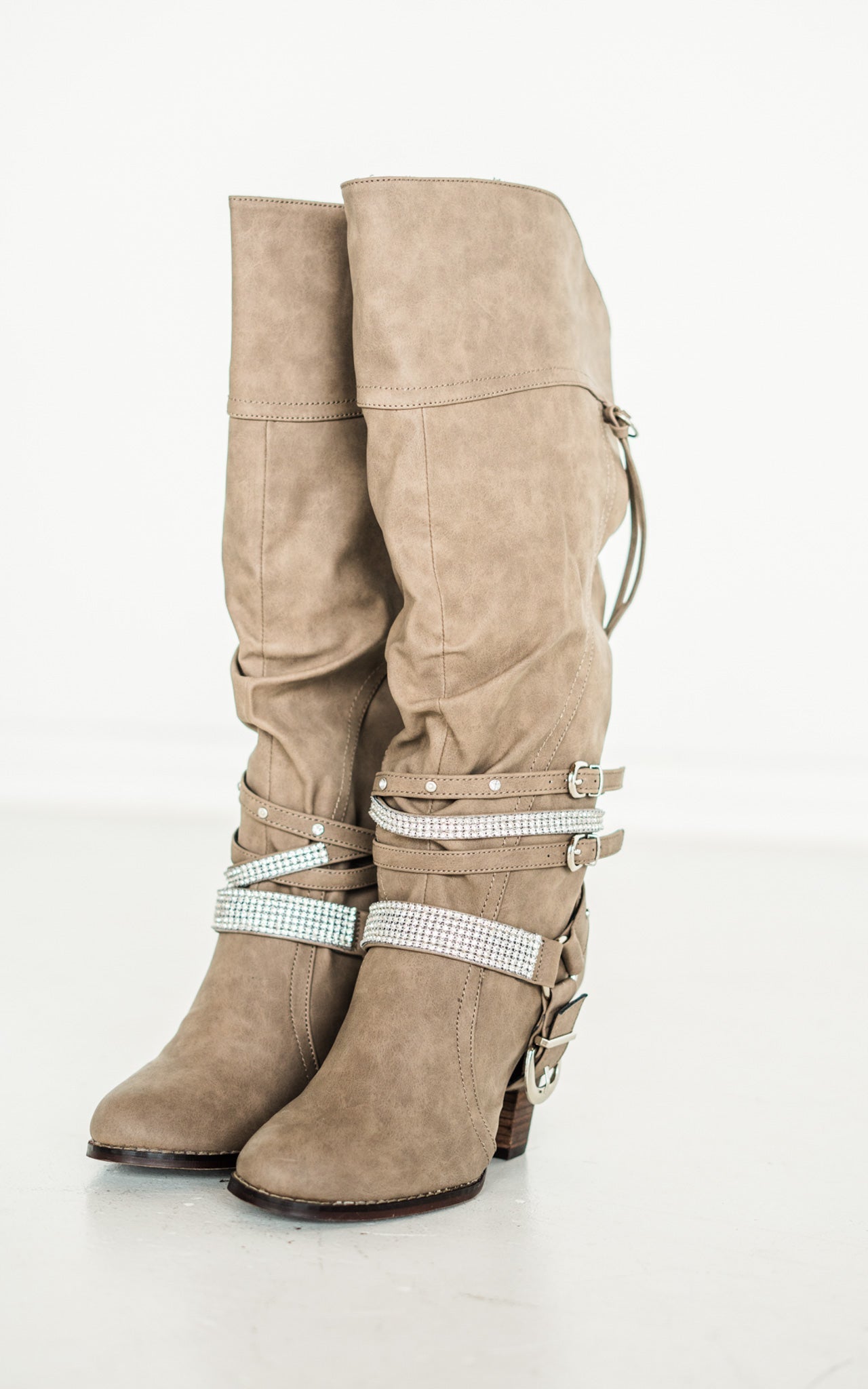Stacey Boots Taupe Harness Rhinestone 13 Inch Shaft Heel Naughty Monkey