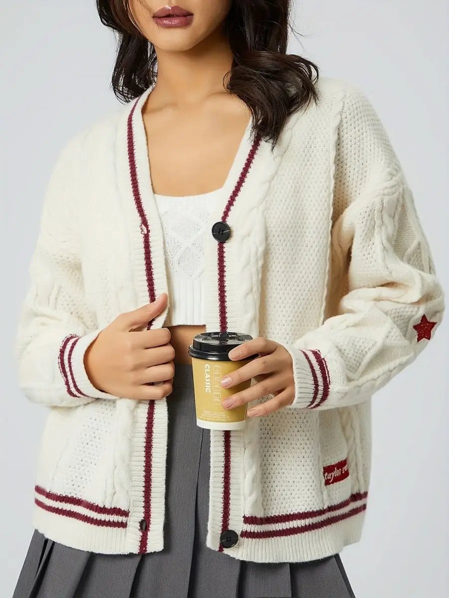 Star Embroidered V-Neck Long Sleeve Cardigan - Love Salve 