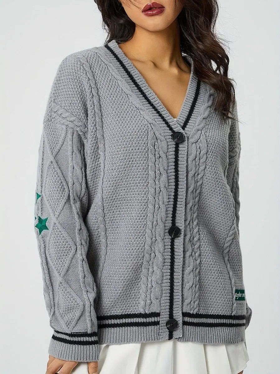 Star Embroidered V-Neck Long Sleeve Cardigan - Love Salve 