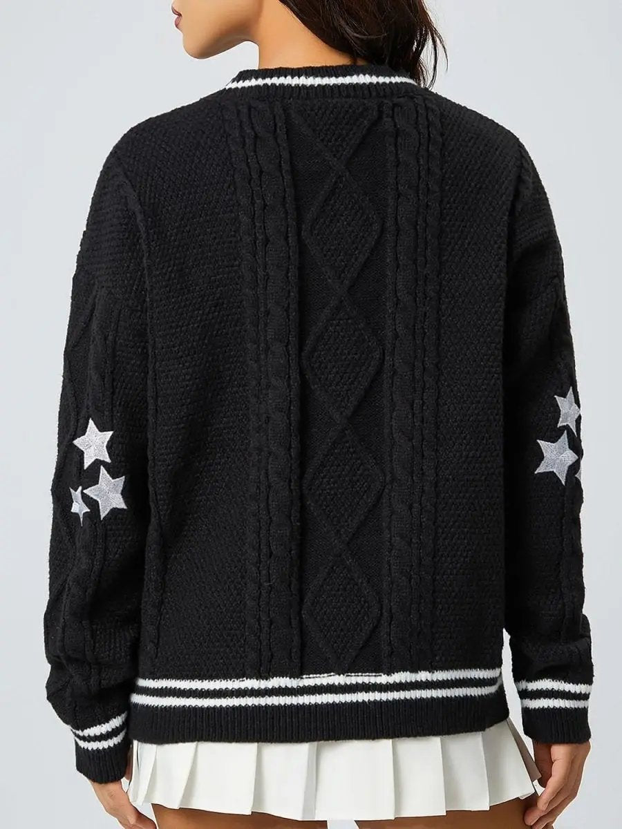 Star Embroidered V-Neck Long Sleeve Cardigan - Love Salve 