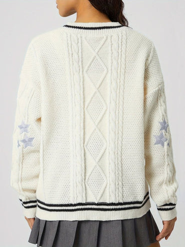 Star Embroidered V-Neck Long Sleeve Cardigan - Love Salve 