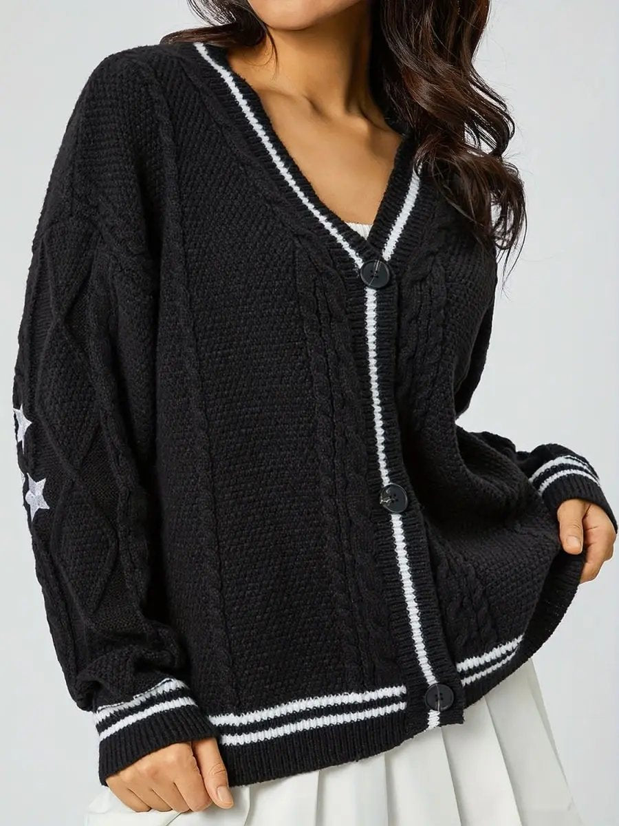 Star Embroidered V-Neck Long Sleeve Cardigan - Love Salve 