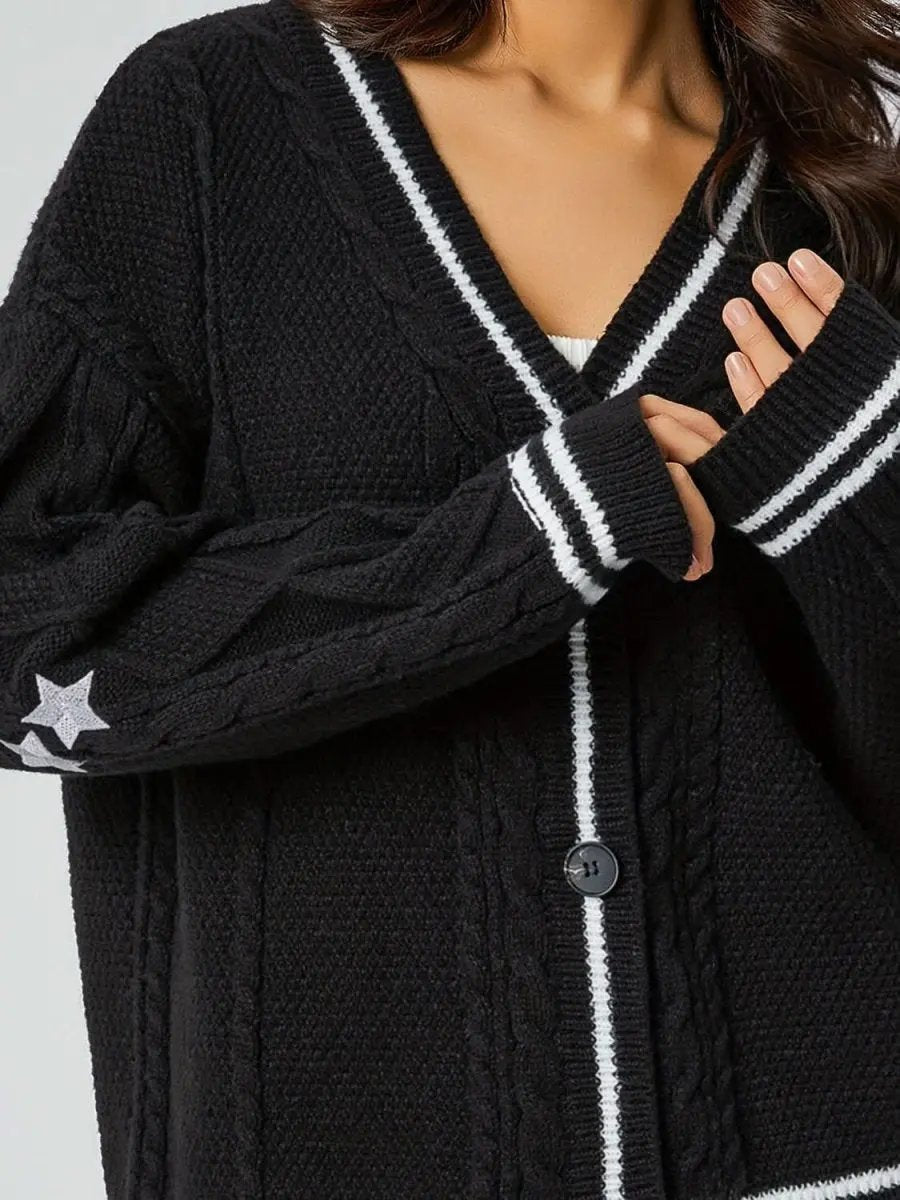 Star Embroidered V-Neck Long Sleeve Cardigan - Love Salve 