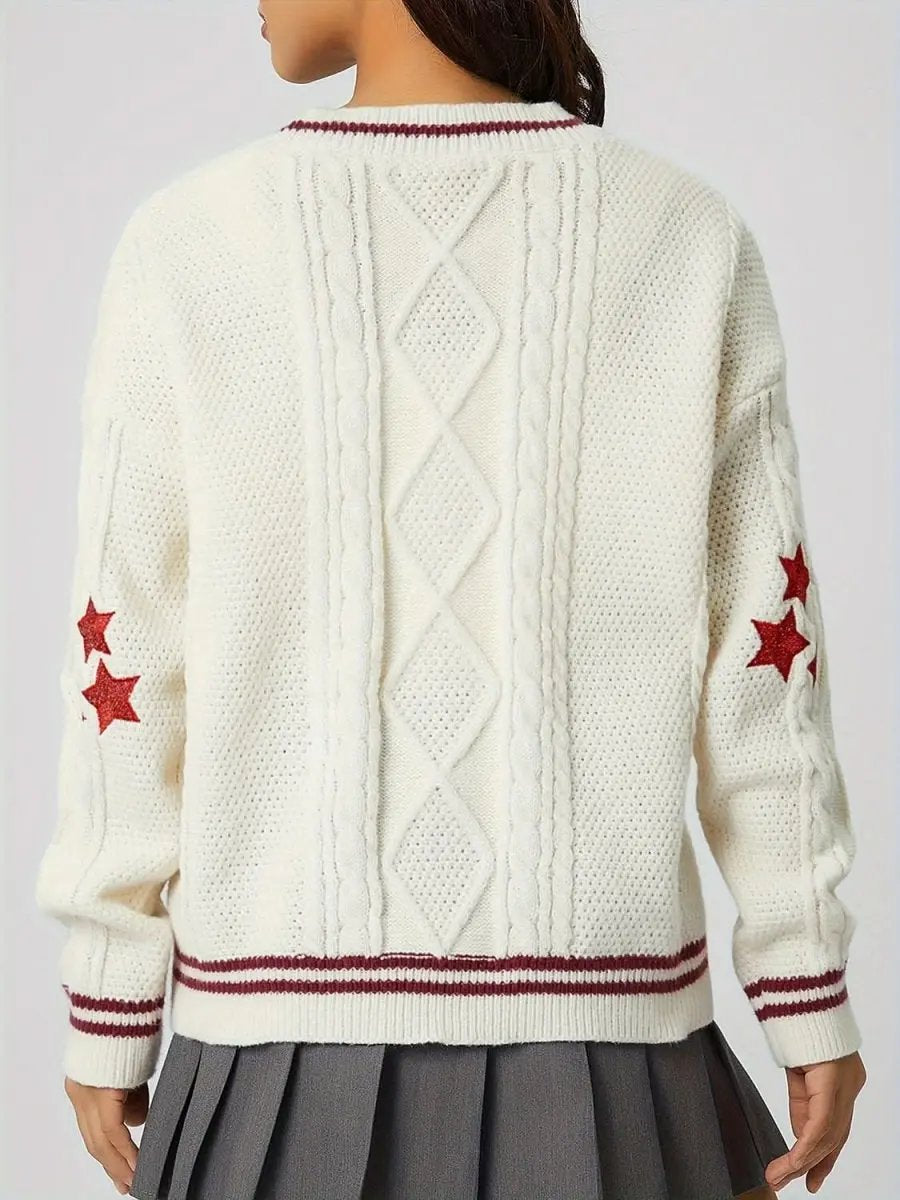 Star Embroidered V-Neck Long Sleeve Cardigan - Love Salve 