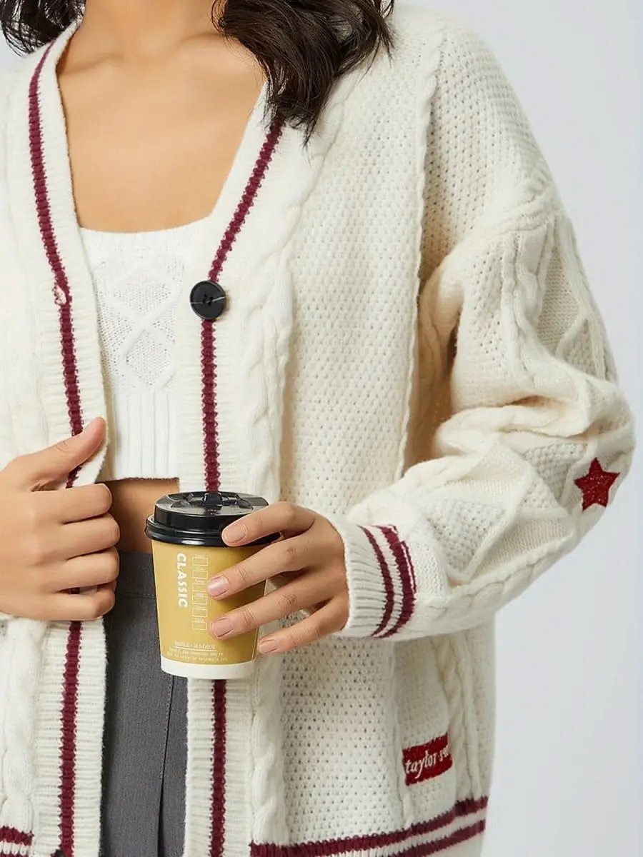 Star Embroidered V-Neck Long Sleeve Cardigan - Love Salve 