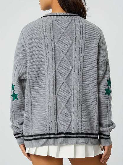 Star Embroidered V-Neck Long Sleeve Cardigan - Love Salve 
