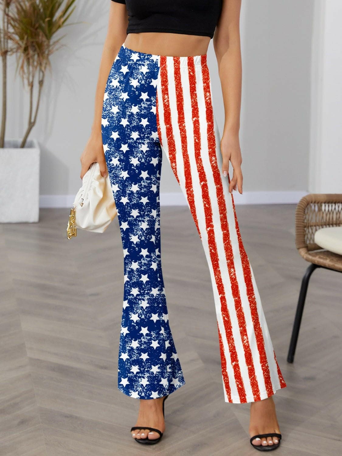 Star Spangled High Rise Bootcut Trousers with star and stripe design, stylish and comfortable fit.