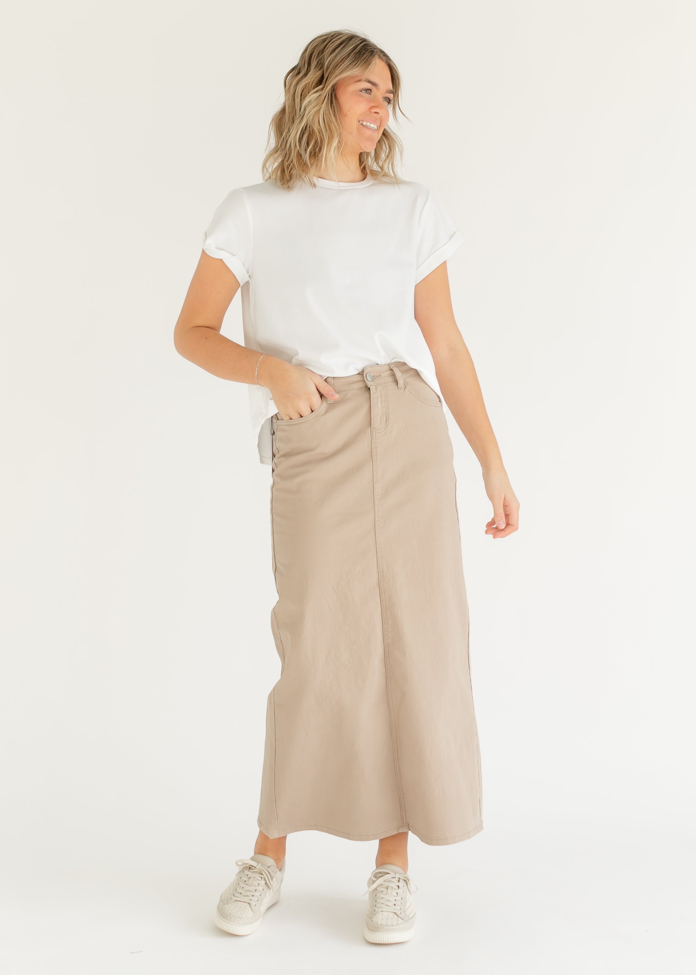 Stella Simply Taupe Denim Maxi Skirt Inherit Co.