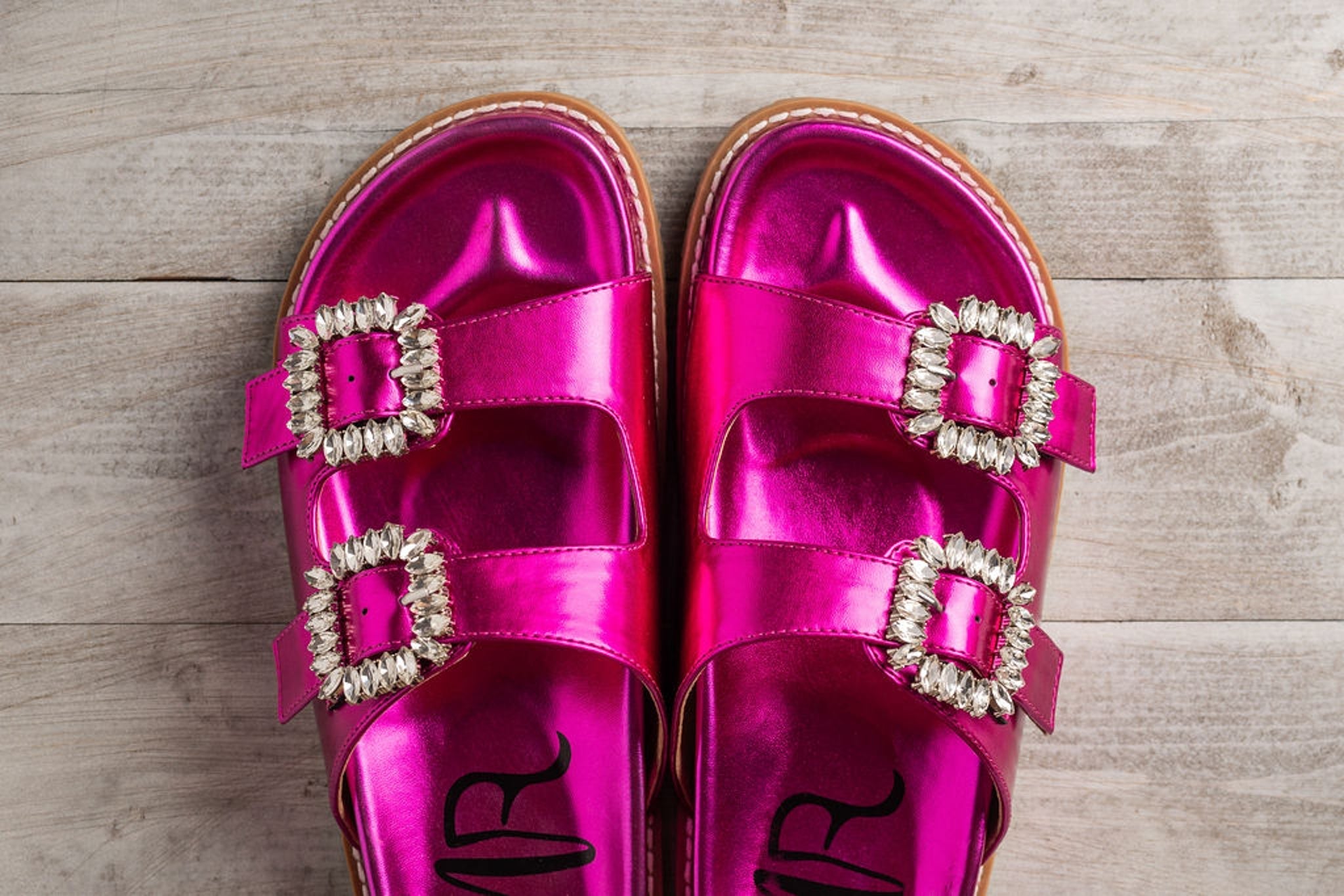 Stellar Fuschia Rhinestone Buckle Slides Comfort Footbed Naughty Monkey