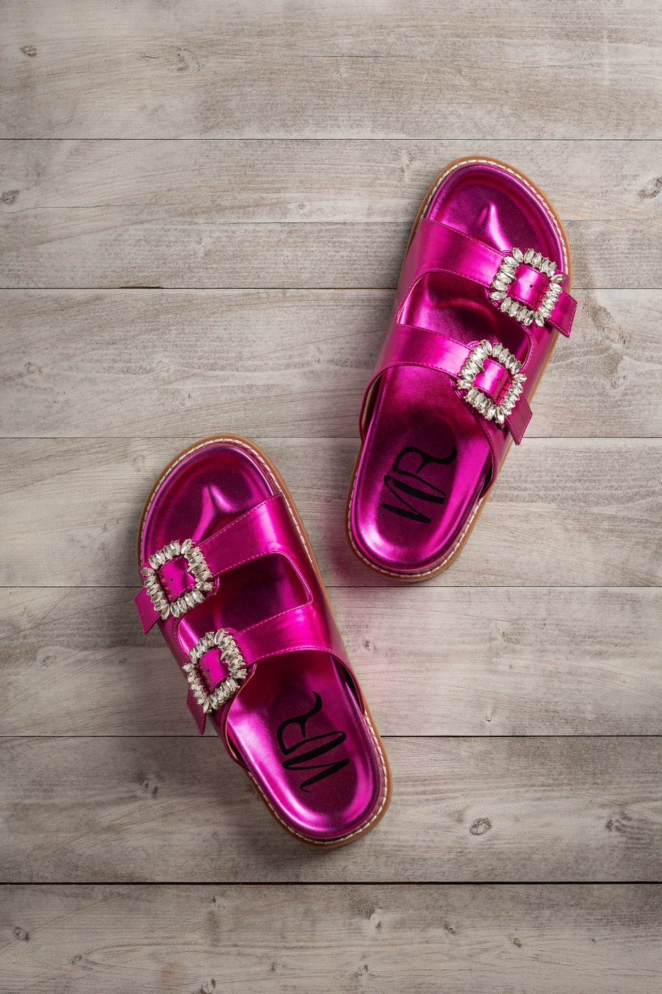 Stellar Fuschia Rhinestone Buckle Slides Comfort Footbed Naughty Monkey