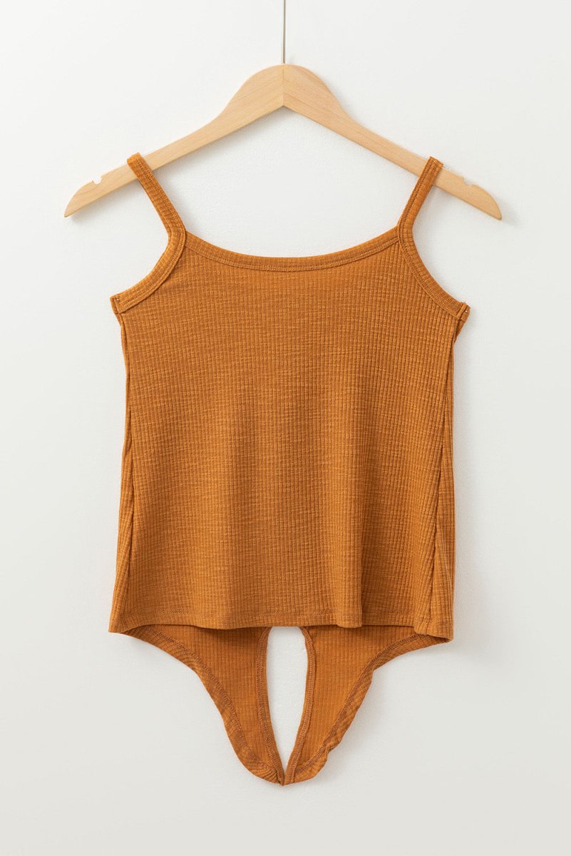 Straw Yellow Ribbed Front Knot Buttoned Thin Strap Tank Top - Love Salve 