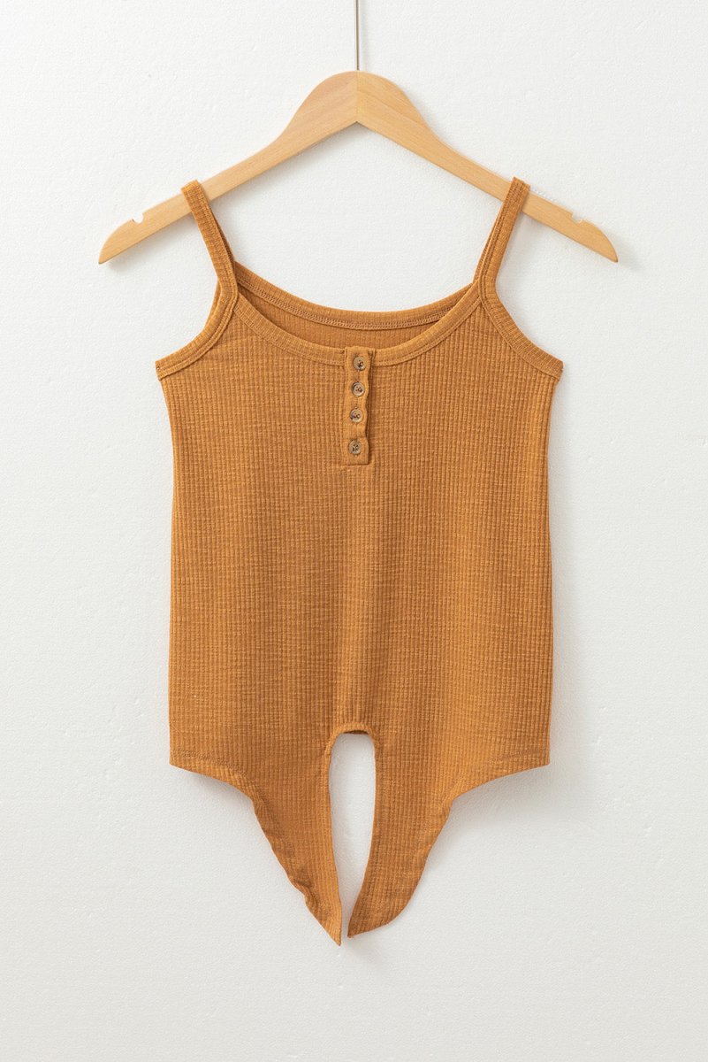 Straw Yellow Ribbed Front Knot Buttoned Thin Strap Tank Top - Love Salve 