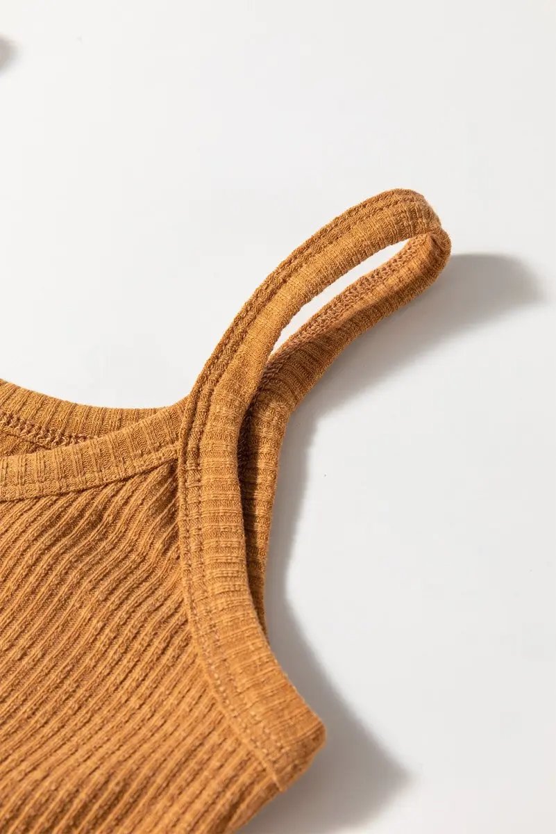 Straw Yellow Ribbed Front Knot Buttoned Thin Strap Tank Top - Love Salve 