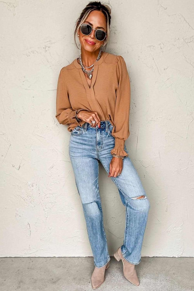 Straw Yellow Solid Color Shirred Cuff Notch V Neck Blouse - Love Salve 