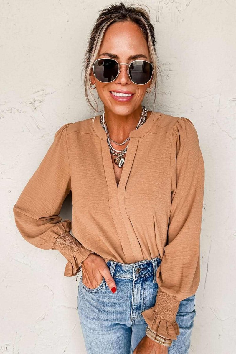 Straw Yellow Solid Color Shirred Cuff Notch V Neck Blouse - Love Salve 