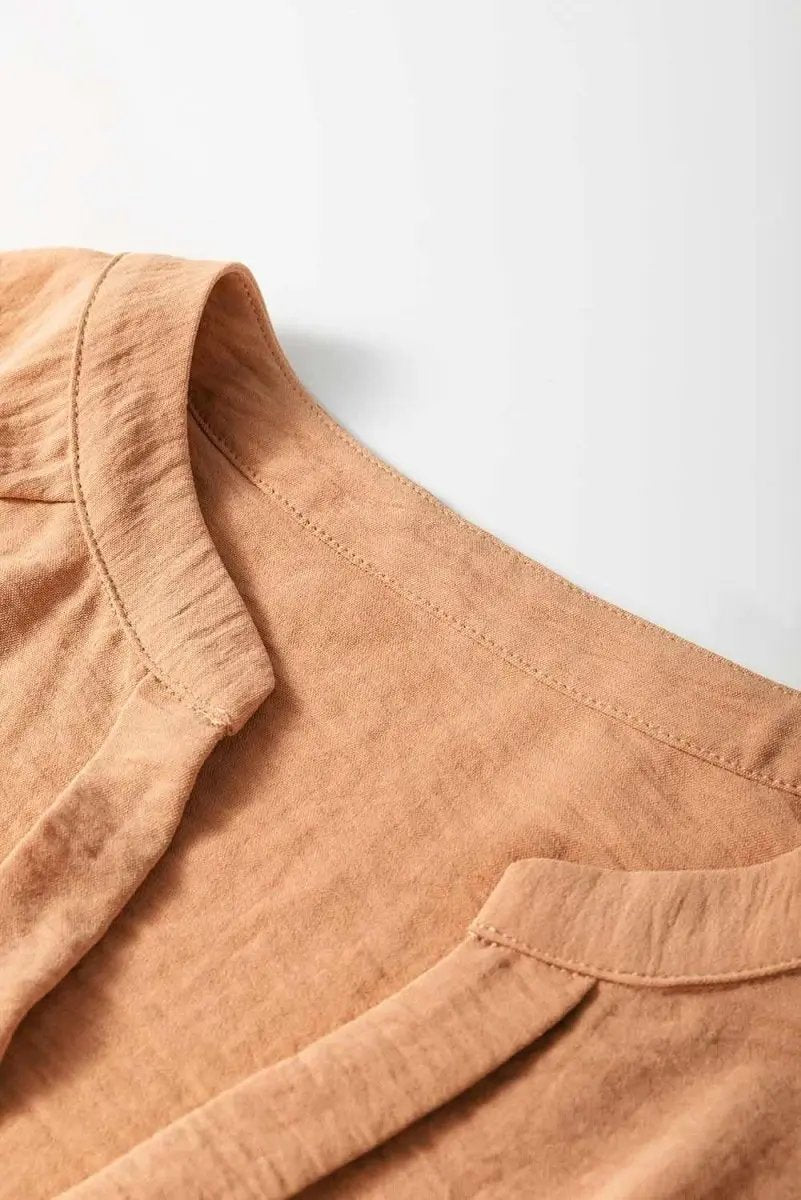 Straw Yellow Solid Color Shirred Cuff Notch V Neck Blouse - Love Salve 